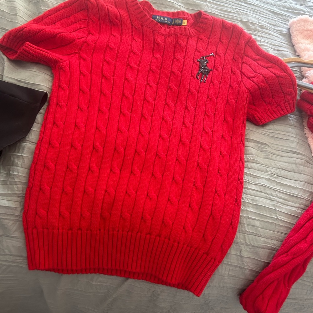 Ralph Lauren Vibrant Red Cable Knit Crewneck Sweater with sequin polo